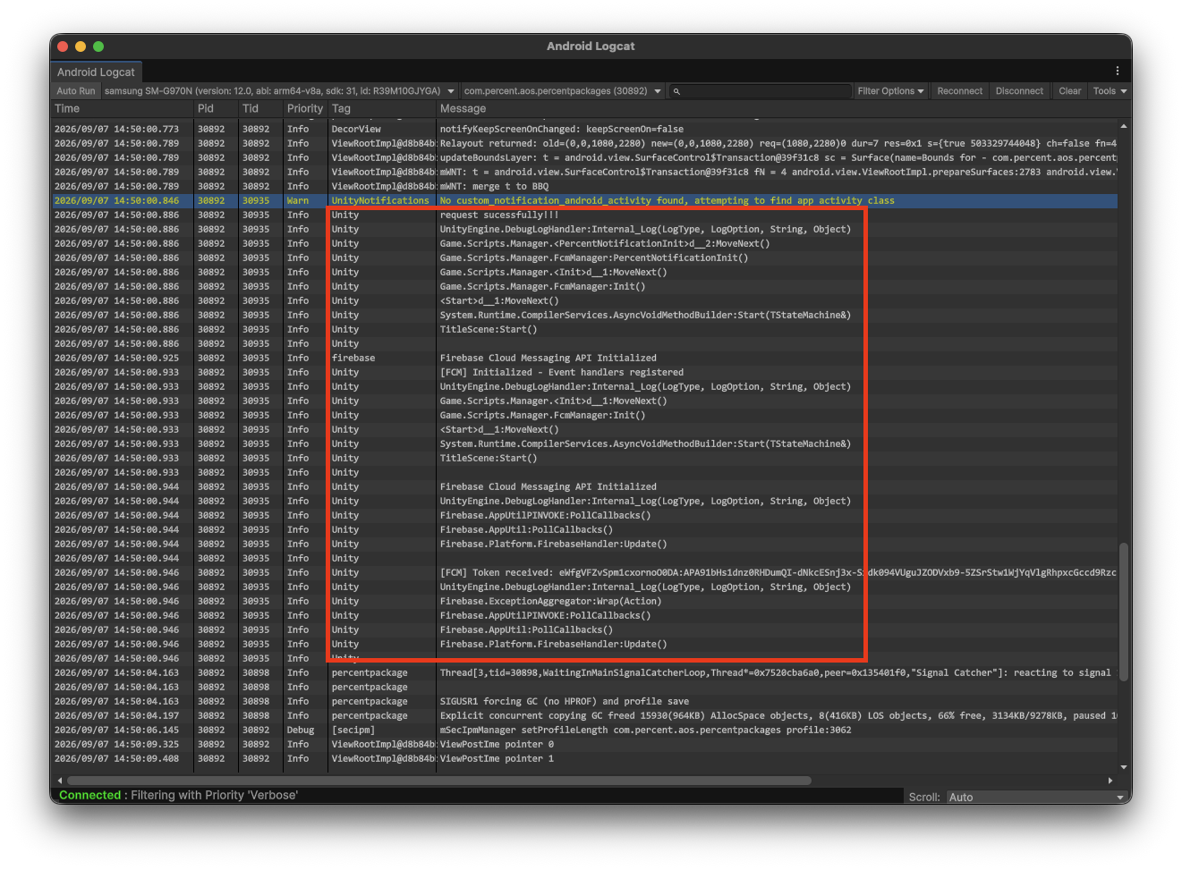 Unity에서 Firebase 초기화와 FCM 토큰 수신을 확인한 Logcat